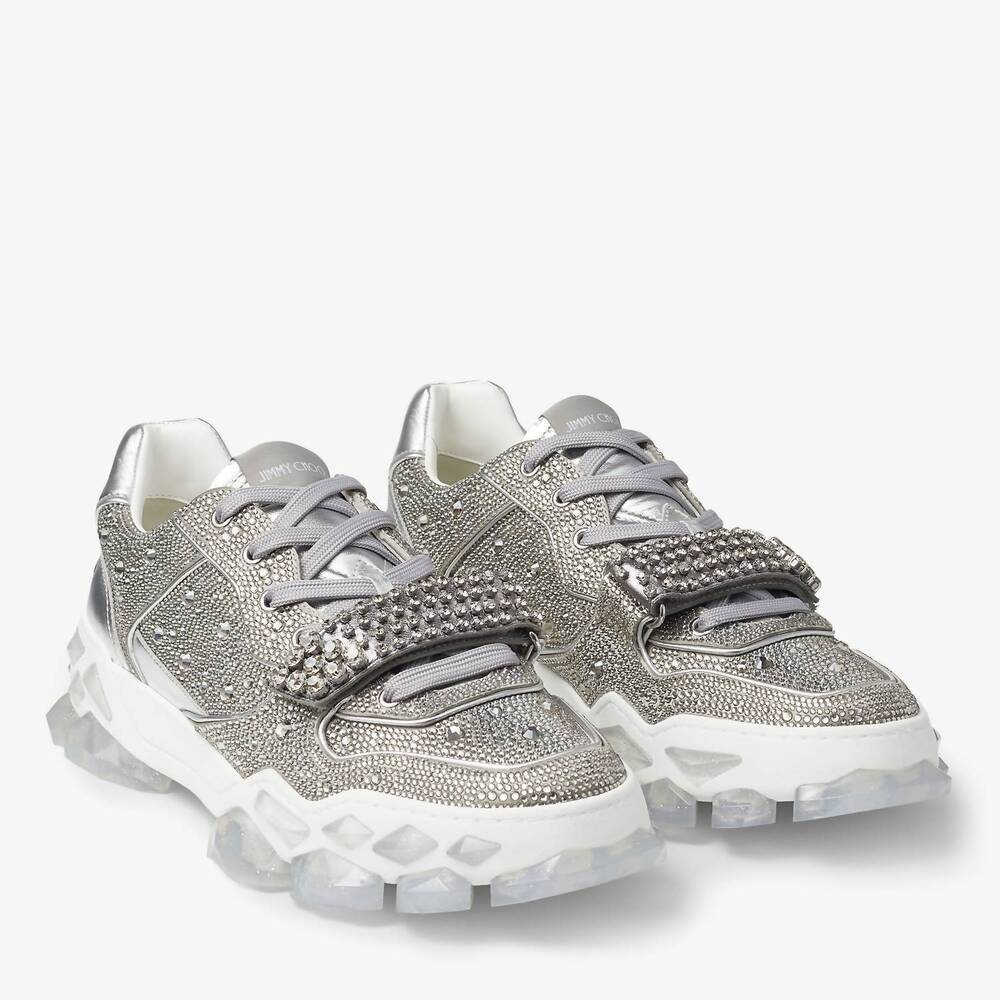 NEW JIMMY CHOO men's diamond x strap low-top sneakers with crystals in silver